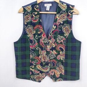 Vintage 90s Talbots Corduroy‎ Waistcoat Vest Sz M Navy Blue Green Paisley V Neck